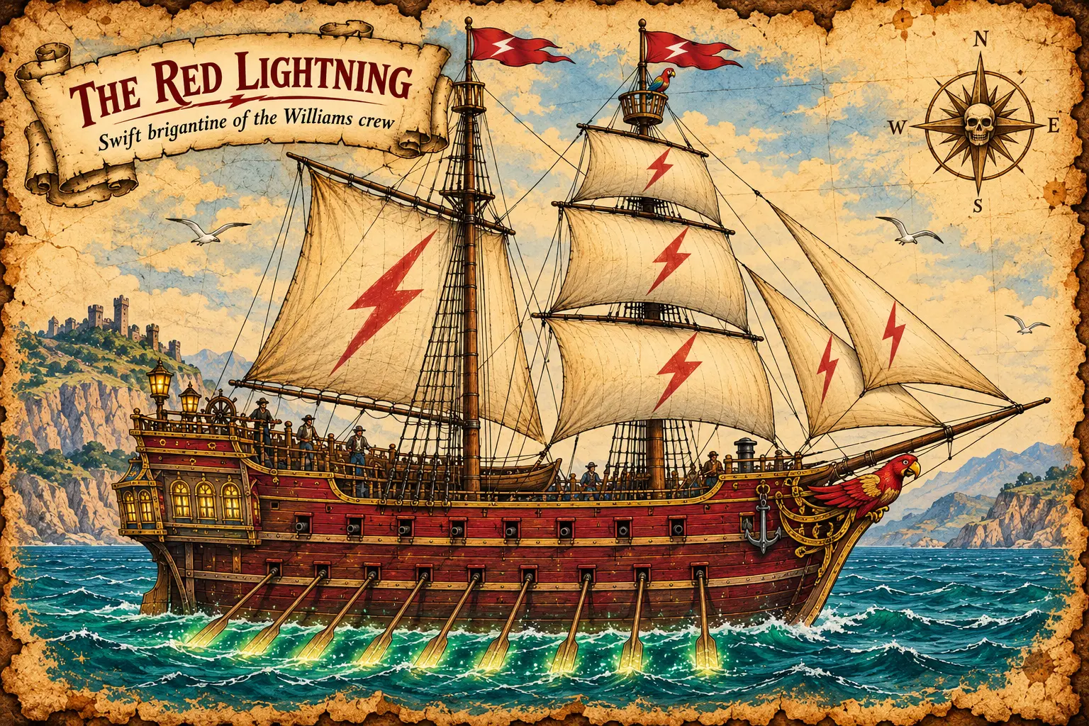 The Red Lightning, a red-hulled brigantine with lightning-bolt sails, her long oars dipping into the sea as she cuts through the waves.