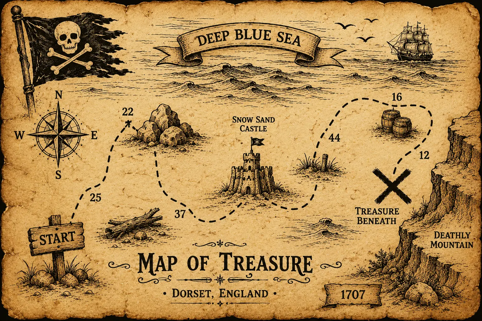 Hand-drawn treasure map of the Pirates' Playground, showing the Deep Blue Sea, Snow Sand Castle, Deathly Mountain and the buried treasure